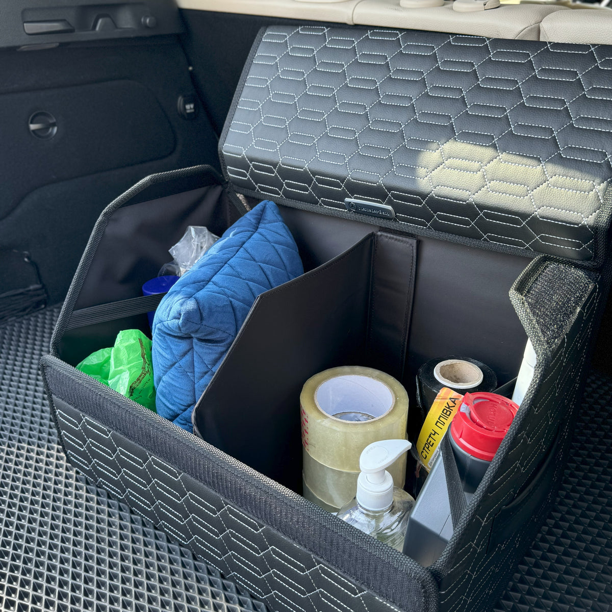 Органайзер у багажник авто з екошкіри “Чорні ланцюги з сірою ниткою”