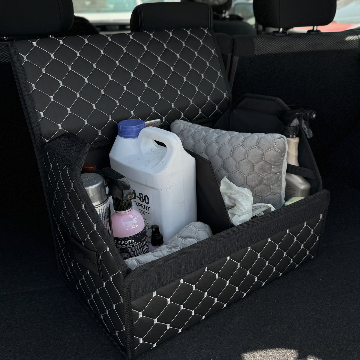 Органайзер у багажник авто з екошкіри “Чорний ромб з сірою ниткою”