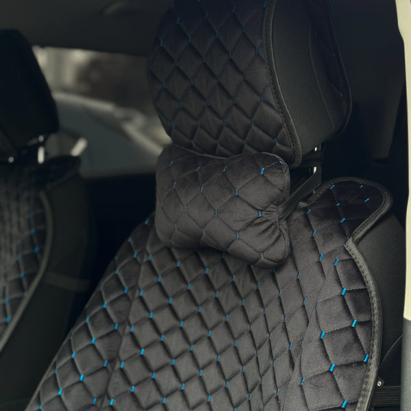 Накидки з алькантари преміум “Чорний ромб із синьою ниткою”