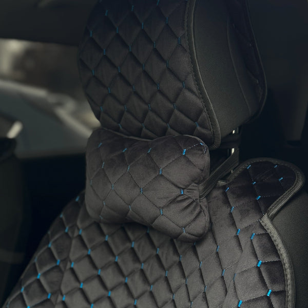 Подушка під шию з алькантари преміум “Чорний ромб із синьою ниткою“