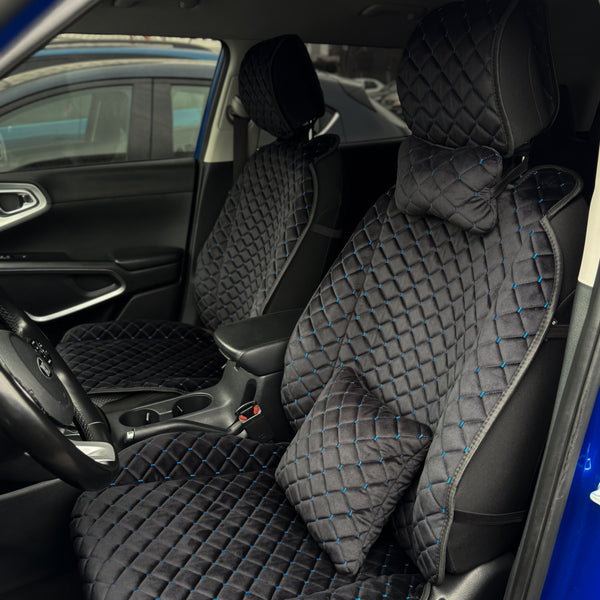 Накидки з алькантари преміум “Чорний ромб із синьою ниткою”