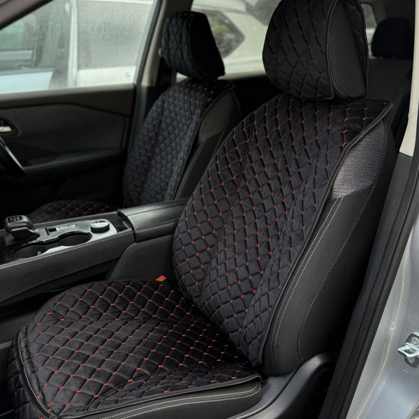 Накидки спорт з алькантари преміум “Чорний ромб із червоною ниткою”