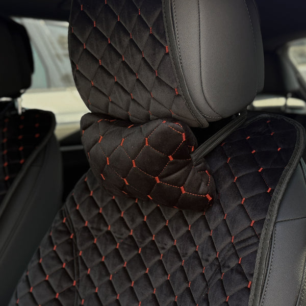 Подушка спорт під шию з алькантари преміум “Чорний ромб із червоною ниткою“