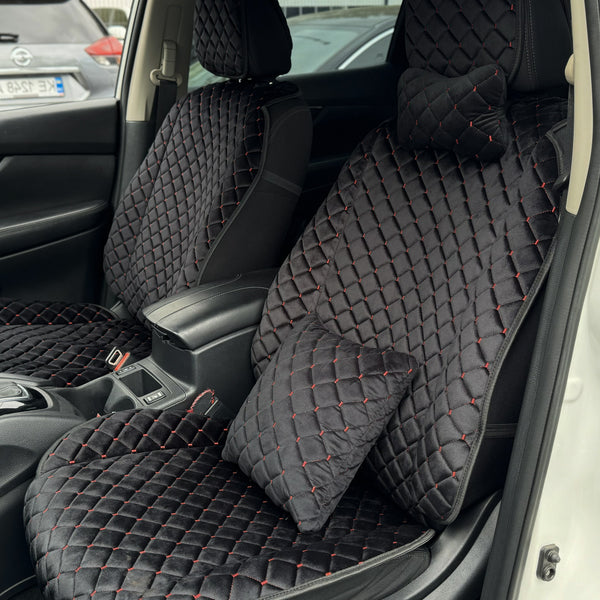 Накидки з алькантари преміум “Чорний ромб із червоною ниткою”