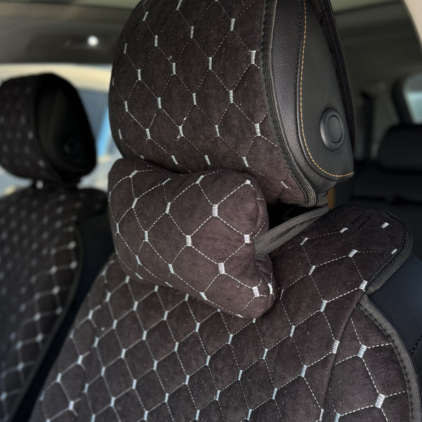 Подушка під шию з алькантари стандарт “Чорний ромб із сірою ниткою“